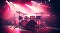 Drum set on stage with pink and red stage lighting, ready for a concert. Suitable for music venue ads and event Royalty Free Stock Photo