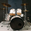 Drum set on stage prepared for playing. Royalty Free Stock Photo