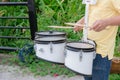 Drum sticks hitting the drum. Casual home drummer playing cross stick pattern on snare Drum .