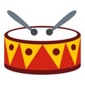 Drum with sticks icon, flat style