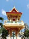 Drum tower of Buddhist temple in Thailand is hanging isolated on blue sky background closeup. Royalty Free Stock Photo