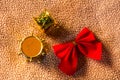 Drum toy plastic with red bow on fabric christmas still life Royalty Free Stock Photo