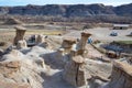 Drumheller HooDoos is a 0.5 kilometer heavily trafficked loop trail located near Drumheller, Alberta, Canada that features a cave Royalty Free Stock Photo