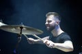 The drummer in action. A photo close up process play on a musical instrument.