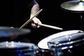 The drummer in action. A photo close up process play on a musical instrument.