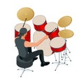Drummer behind the drum set. Rehearsal base, drummer playing the drums set isolated, back view Royalty Free Stock Photo