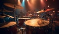 Drummer drum kit illuminated by stage lights generated by AI