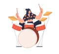 Drummer musician playing modern music at drum kit. Girl player, solo performer with drumsticks performing on percussion