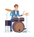 Drummer Performance. Classic Male Musician Character In Blue Dress Plays On Drum Set, Percussion Instrument Acoustic