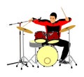 Drummer player drum vector. Rock and roll band artist vector illustration. Musician play drums on stage. Royalty Free Stock Photo