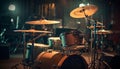 Drummer playing on stage with illuminated drum kit and cymbals generated by AI Royalty Free Stock Photo