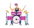 Drummer of rock band playing music on drums, flat vector illustration isolated. Royalty Free Stock Photo