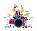 Drummer rock or jazz musician playing music flat vector illustration isolated. Royalty Free Stock Photo