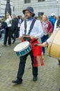 A drummer during the sheep transhumance festival passing through Madrid Spain