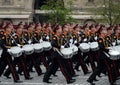 Drummers of the Moscow military musical school during the dress rehearsal of the parade on Red Square in honor of the Victory Day.