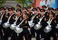 Drummers of the Moscow military musical school during the dress rehearsal of the parade on Red Square in honor of the Victory Day.