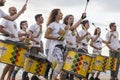 Drummers and musicians during outdoor fashion show with clothin Royalty Free Stock Photo