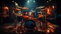 Drums and drum set. Beautiful blue and red background, with rays of light. Beautiful special effects of smoke and Royalty Free Stock Photo