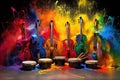 drums with guitars and bright splashes of paint