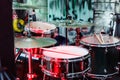 Drums kit outdoors, closeup. Royalty Free Stock Photo