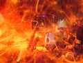 Drums and saxophone in pub. Fire effect Royalty Free Stock Photo