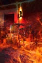 Drums and saxophone in pub. Fire effect Royalty Free Stock Photo