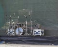 Drums set, powerfull speakers, amplifiers and stage equipment Royalty Free Stock Photo