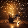 Drumset on spotlight on empty stage golden lights Royalty Free Stock Photo