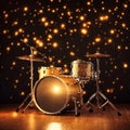 Drumset on spotlight on empty stage golden lights Royalty Free Stock Photo