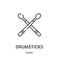 drumsticks icon vector from music collection. Thin line drumsticks outline icon vector illustration