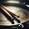 Drumsticks rest on a snare drum, in atmospheric light