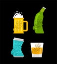 Drunk bottle beer and Whiskey cartoon set. Alcoholic illustration