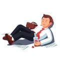 Drunk business man lying with alcohol bottle Royalty Free Stock Photo