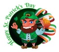 Drunk cartoon leprechaun holds in his hands the Shamrock and bee