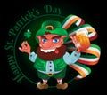 Drunk cartoon leprechaun holds in his hands the Shamrock and beer