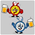 Drunk cartoon alarm clocks serving beer. Vector illustration