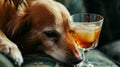 drunk dog drinking a cocktail. dog cheering a toast with cocktail drink, looking up. AI Generative Royalty Free Stock Photo