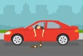 Drunk driver leaning out of the car window. Character\'s arms hangs down from open window. Side view.