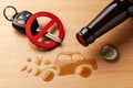 Drunk driving. Accident with a broken car from alcohol. Beer bottle and car keys. Broken car Royalty Free Stock Photo