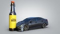 Drunk driving concept car crashed on a bottle 3d render on grey gradient