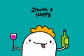 Drunk and happy hand drawn vector illustration in cartoon style. Cute man holding bottle and glass of wine