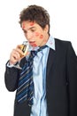 Drunk kissed man drinking wine