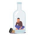 Drunk Man with Alcohol Addiction Sitting on Bottom of Empty Bottle. Alcoholism Concept with Male Character