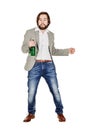 Drunk man with green bottle over a white background