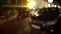 Drunk man POV looking for his car parked near bar, blurred vision, intoxication