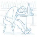 Drunk man sleeping in bar vector illustration.