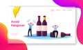 Drunk Men Hangover Syndrome due to Alcohol Addiction Landing Page Template. Tiny Male Characters Sit on Huge Bottles