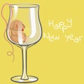 Drunk mouse sleeps in a glass. Christmas illustration. Inscription Happy New Year. Vector template