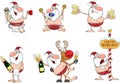 Drunk Naked Santa Claus And Reindeer Cartoon Characters. Vector Hand Drawn Collection Set