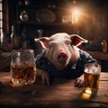 Drunk pig alcoholic with glass of whiskey Royalty Free Stock Photo